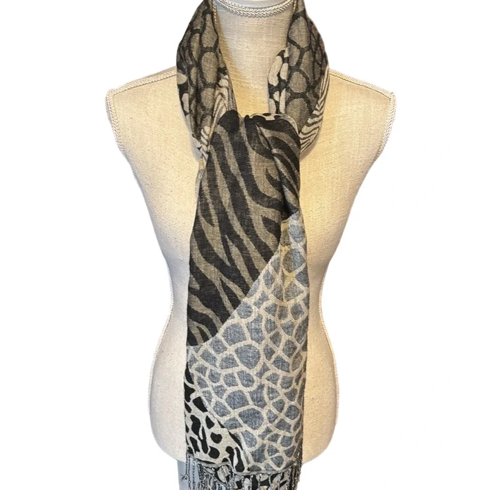 Mixed Animal Print Scarf Wrap With Fringe